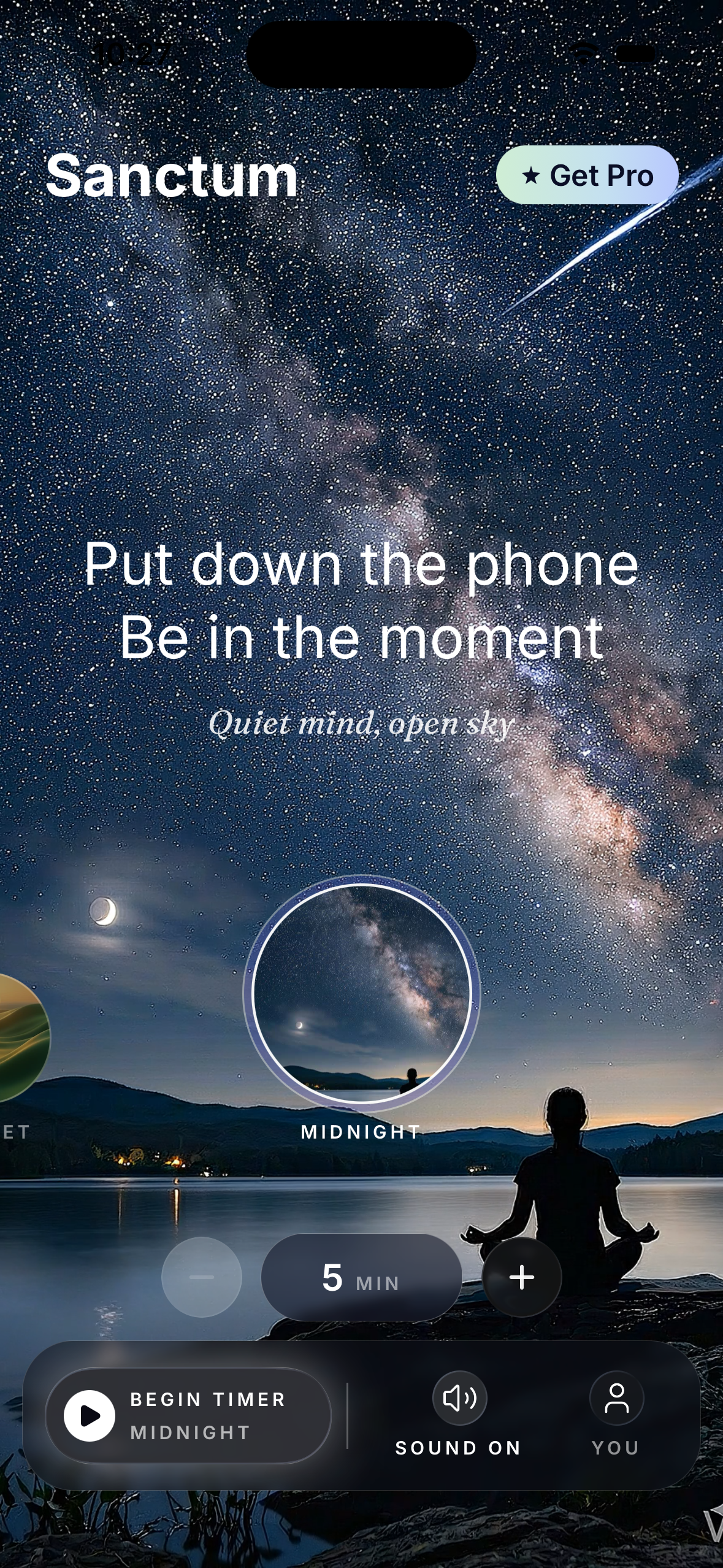 Sanctum home screen, Midnight theme, 5 minute timer ready to begin