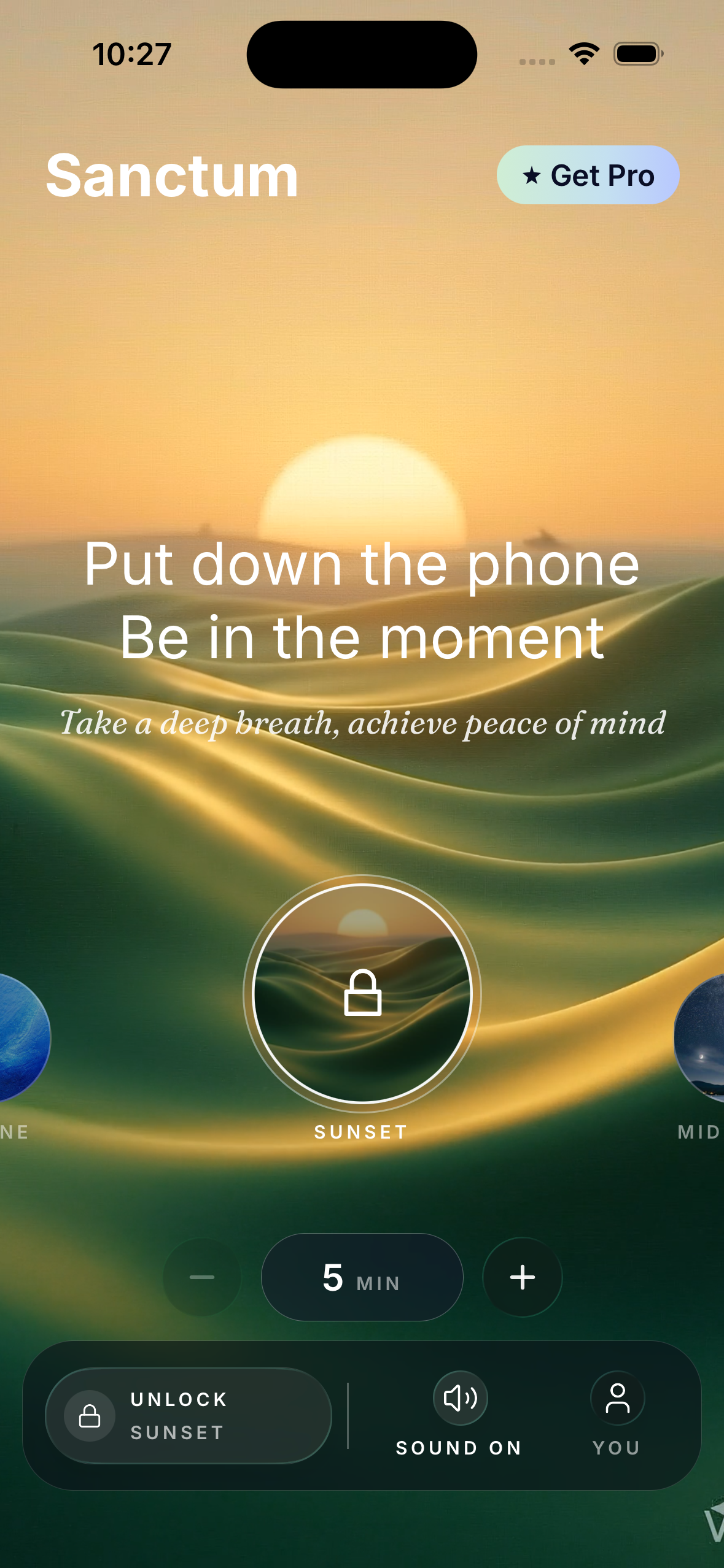 Sanctum home in Sunset theme with a locked session