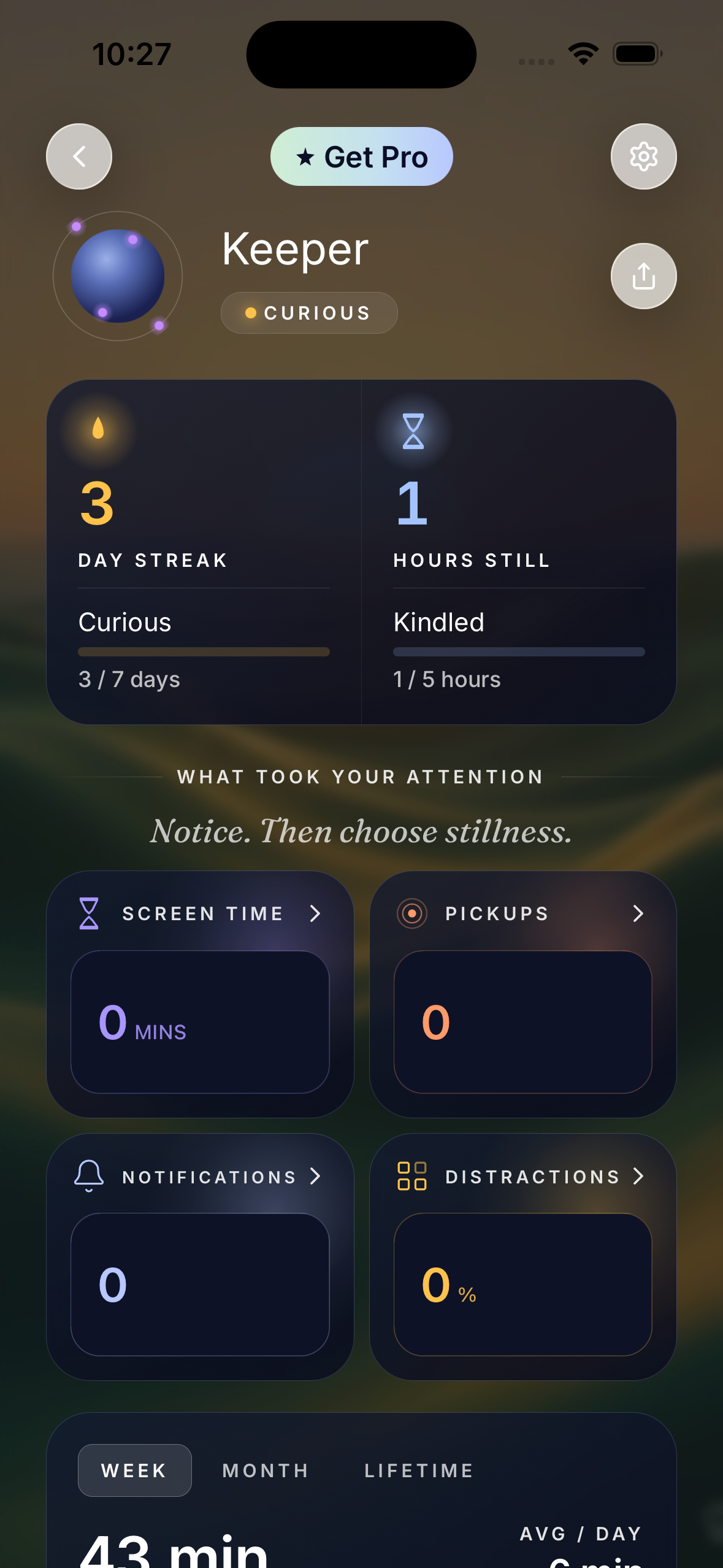 Insights screen with screen time, pickups, notifications and distractions